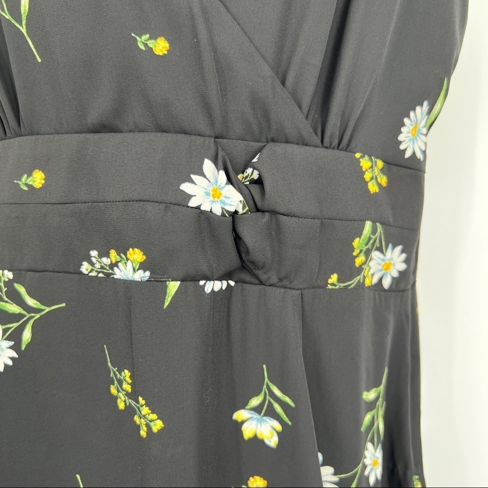 Socialite Floral Black Surplice Wrap Front Ruffle Cap Sleeve Banded Waist Dress - Picture 5 of 13